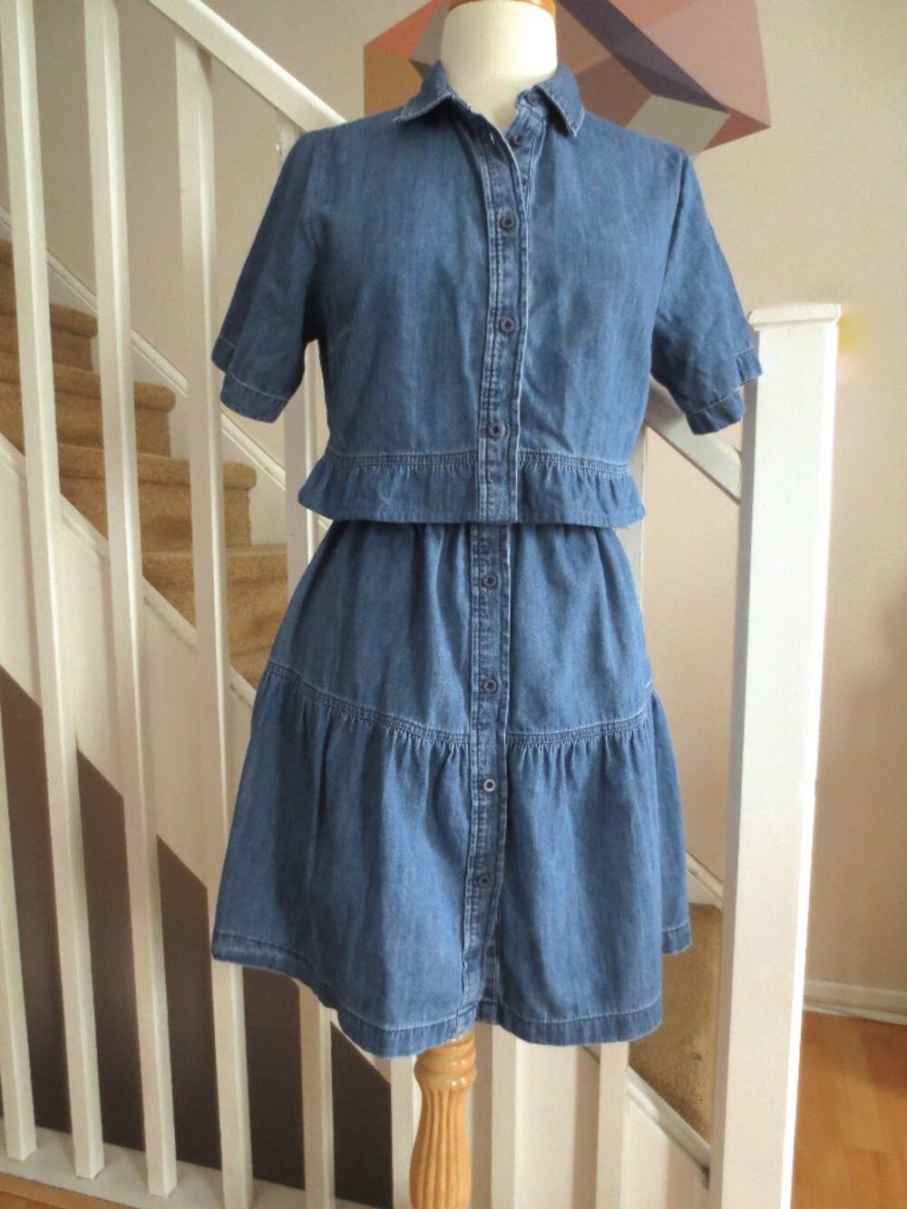 Blue Denim Ruffle Cotton Button Front Elastic Skirt and Shirt Top Set M Medium